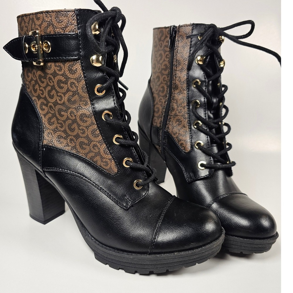 Guess Womens Black Brown Monogram Logo Lace Up Block Heel Combat Boots Cap Toe